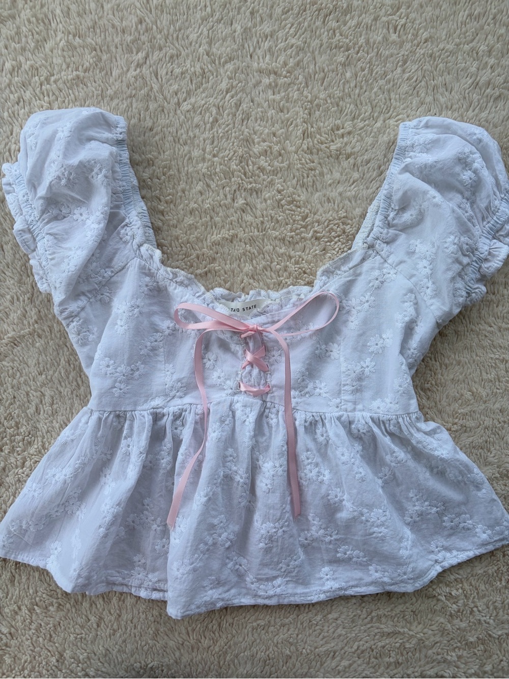 Altar'd State White Eyelet Peplum Top with Pink Ribbon Tie - Picture 2 of 4